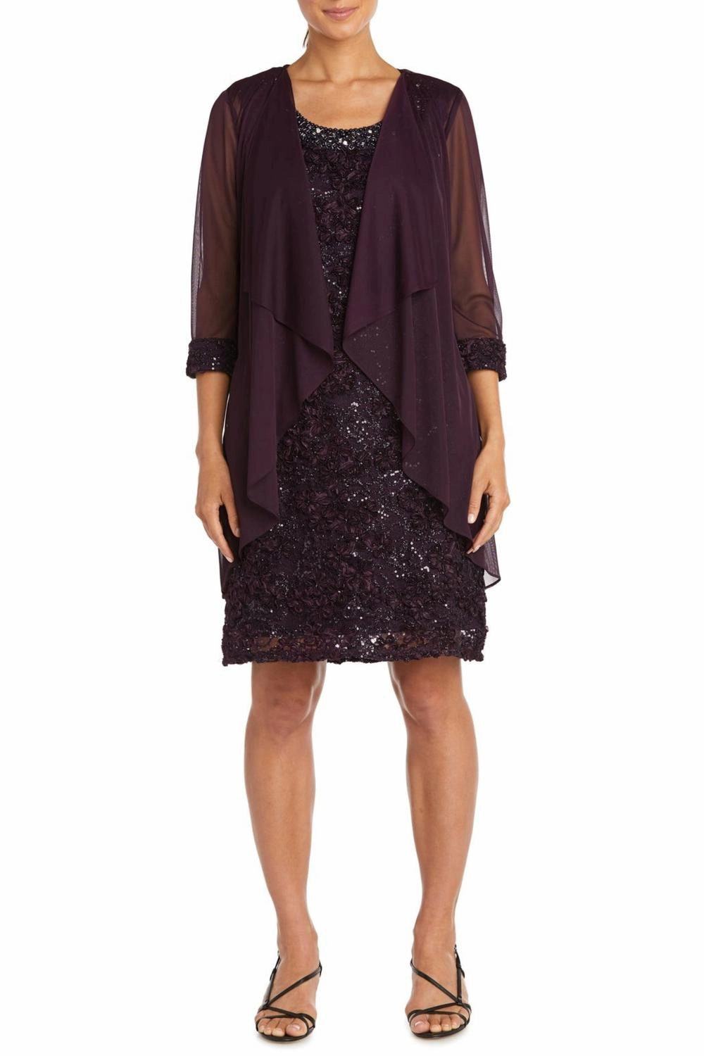 3/4 Sleeve 2-Pc Evening Jacket & Dress Set In Plum Flexible Ribbed Cuffs AntiPill Fabric