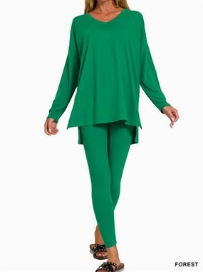Cozy Thermal Insulation V Neck Lounge Sets In Forest