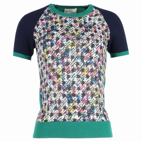 Ventilated Mesh Erdem Short Sleeve Printed Top in Multicolor Silk Garment Dyed Finish