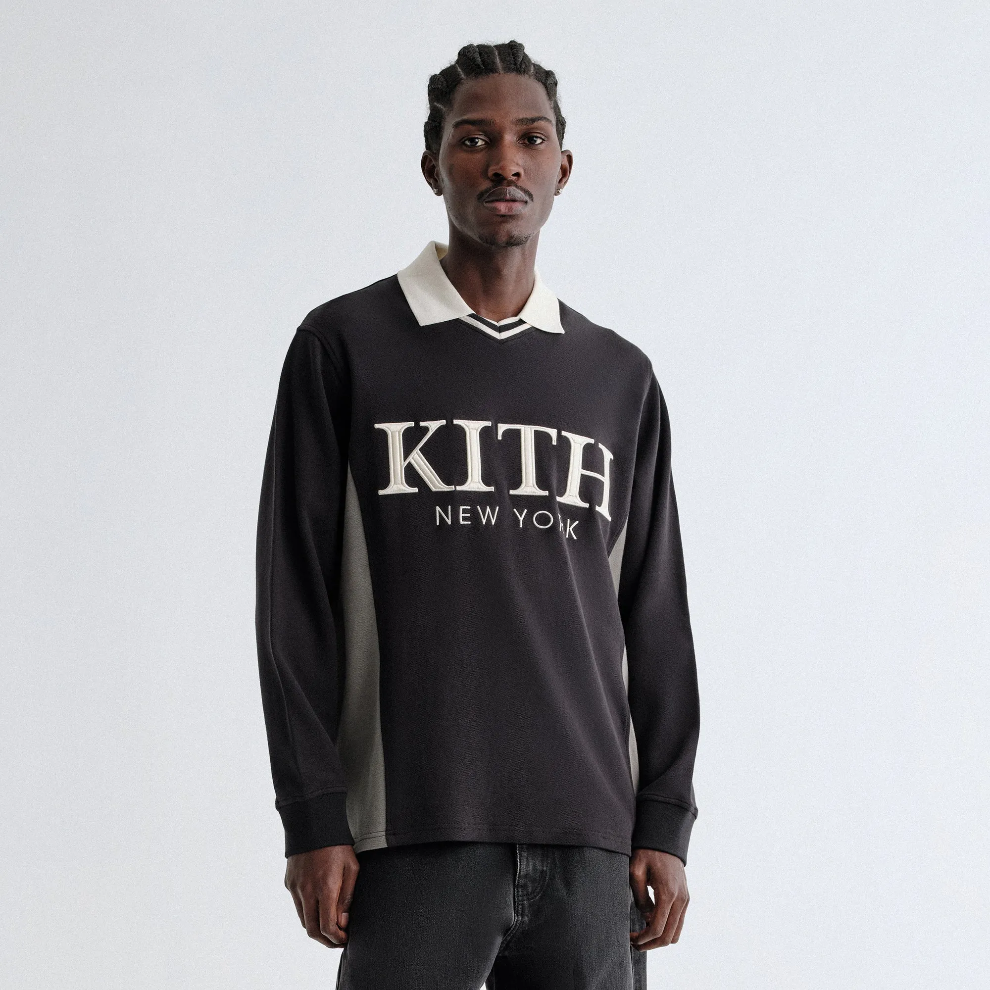 Kith Pique Long Sleeve Tap Polo - Black slim fit
