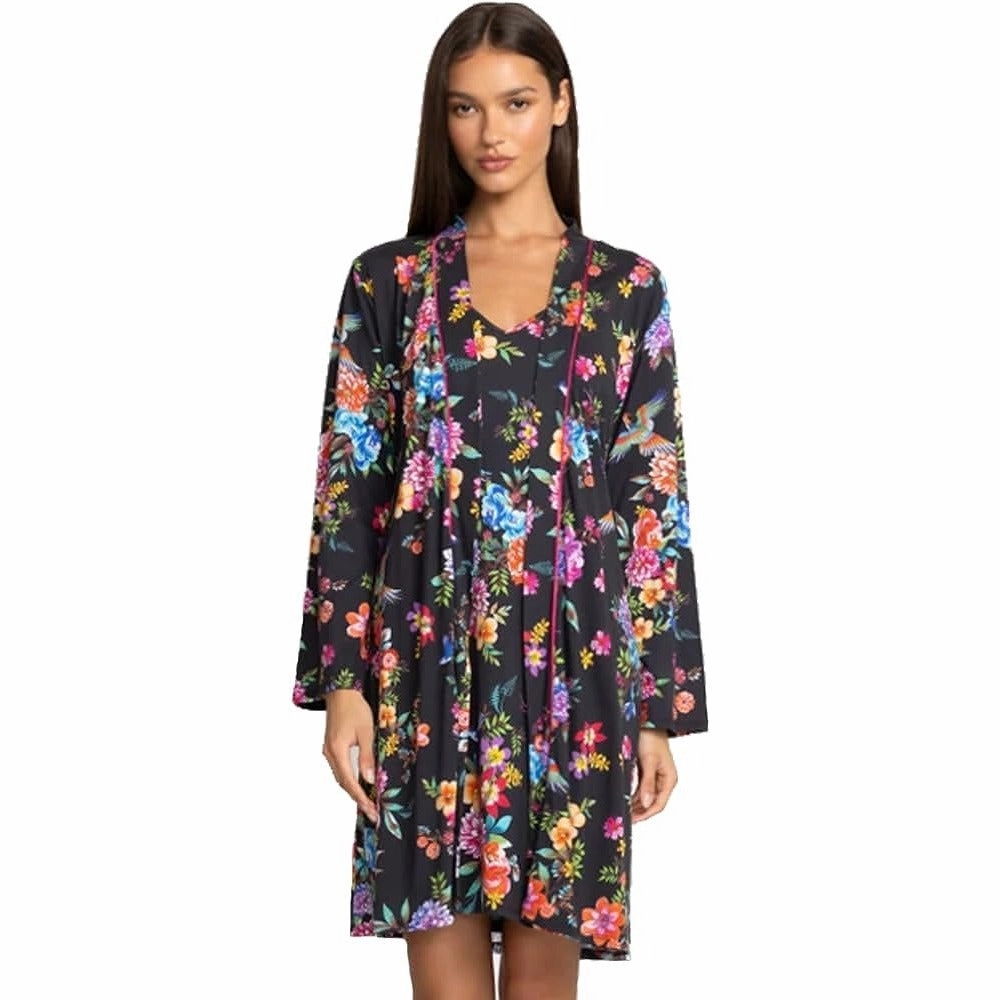 Johnny Was Women Sognatore Nero's Sleep Robe Long Sleeve Self Tie Belt Multi Floral New Double Layered Collar Dropped Shoulder Cut