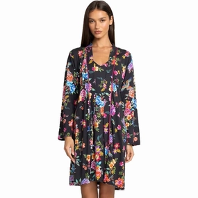 Johnny Was Women Sognatore Nero's Sleep Robe Long Sleeve Self Tie Belt Multi Floral New Double Layered Collar Dropped Shoulder Cut