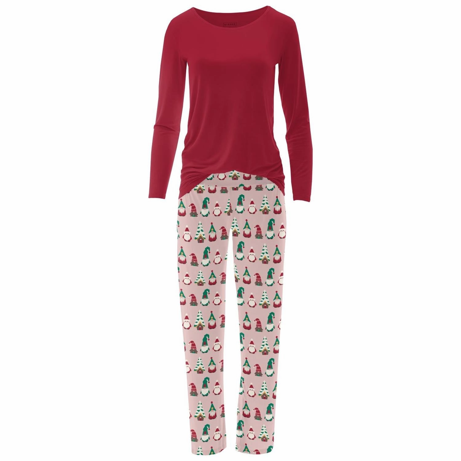 Women's Long Sleeve Tee & Pajama Pants Set In Baby Rose Gnomes Skin Temperature Control