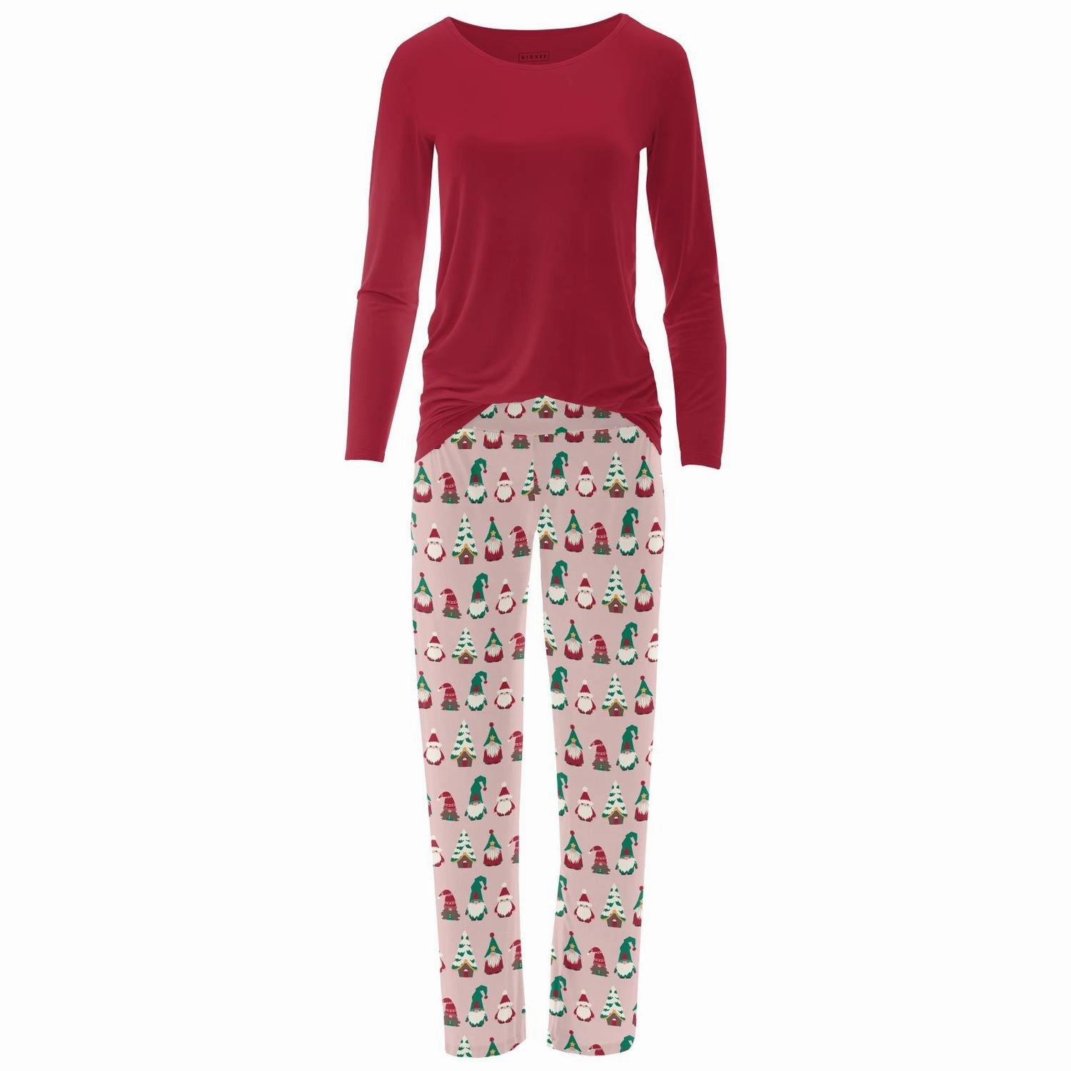 Anti Pilling Process Women's Long Sleeve Tee & Pajama Pants Set In Baby Rose Gnomes