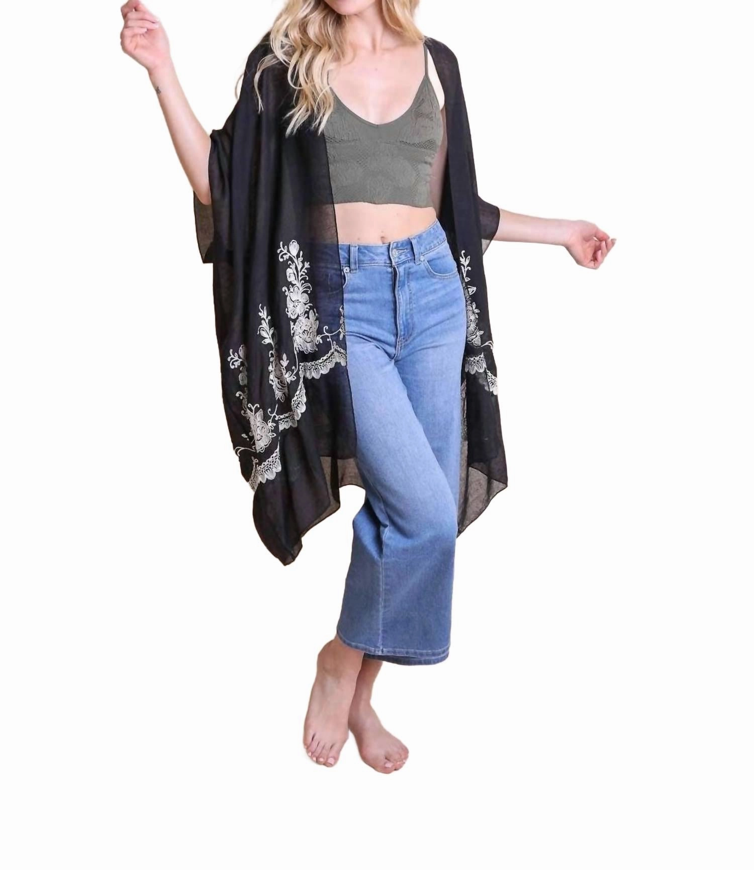 Lightweight Floral Embroidered Tassels Boho Festival Kimono Wrap In Black Static Resistant Fibers