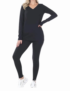 Vneck Top And Leggings Lounge Pajama Set In Black Anti Pill Surface Flexible Stretch Fabric