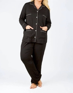 VNeck Design Eco Certified Materials Four Pocket Cotton Pajamas - Plus Size In Black