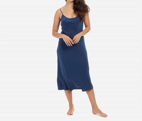 Non Chafe Seams Washable Silk Midi Slip Dress In Navy