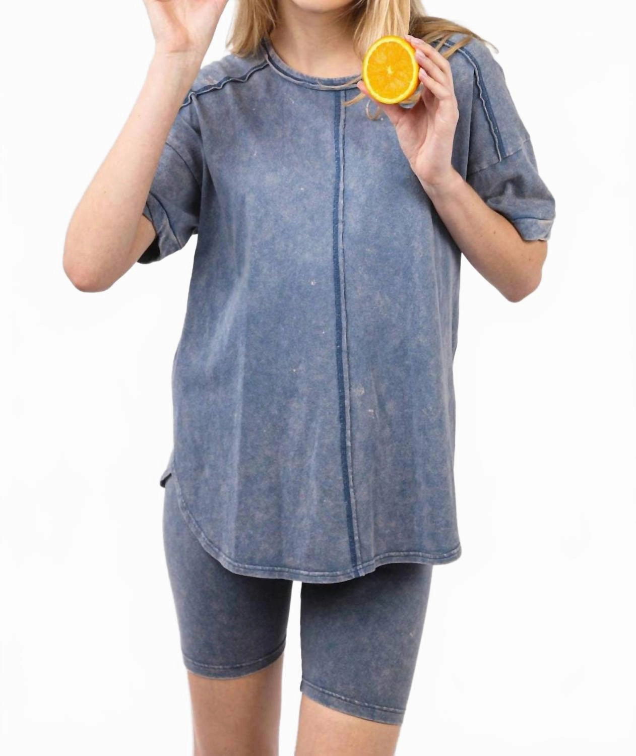 Lightweight Thermal Regulating Washed Stretchy Knit Activewear Top & Shorts In Denim