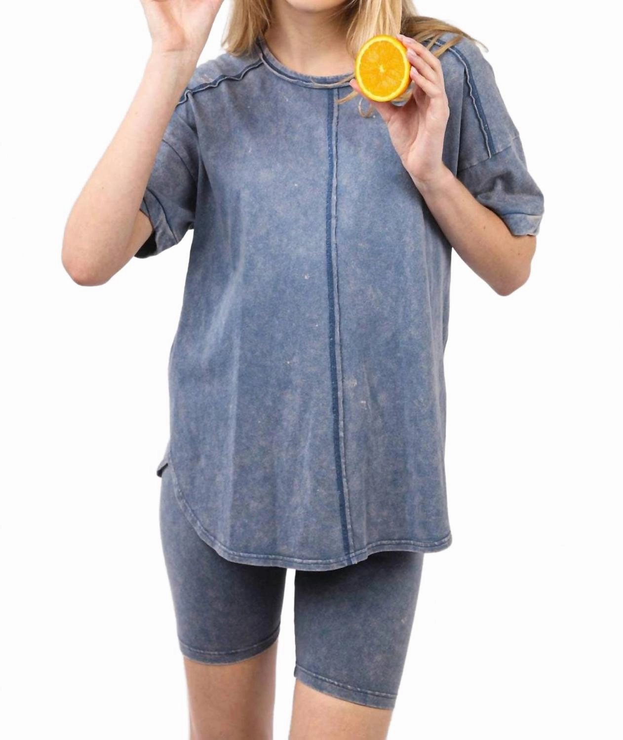 Washed Stretchy Knit Activewear Top & Shorts In Denim Hygroscopic Fiber Adjustable Cuff Openings