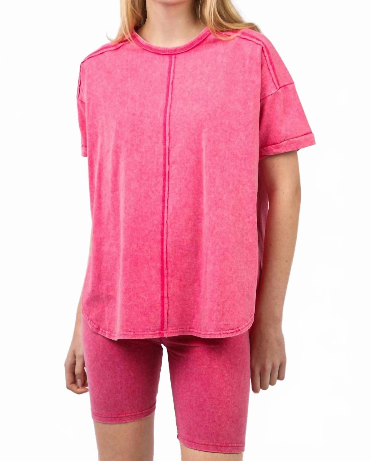 Double Stitched Edges Balanced Compression Washed Stretchy Knit Activewear Top & Shorts In Hot Pink