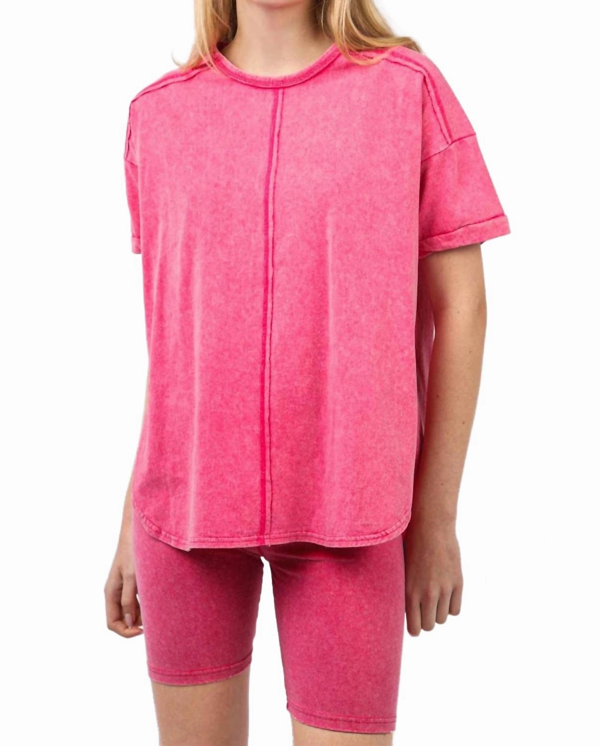 EcoFriendly Material Washed Stretchy Knit Activewear Top & Shorts In Hot Pink