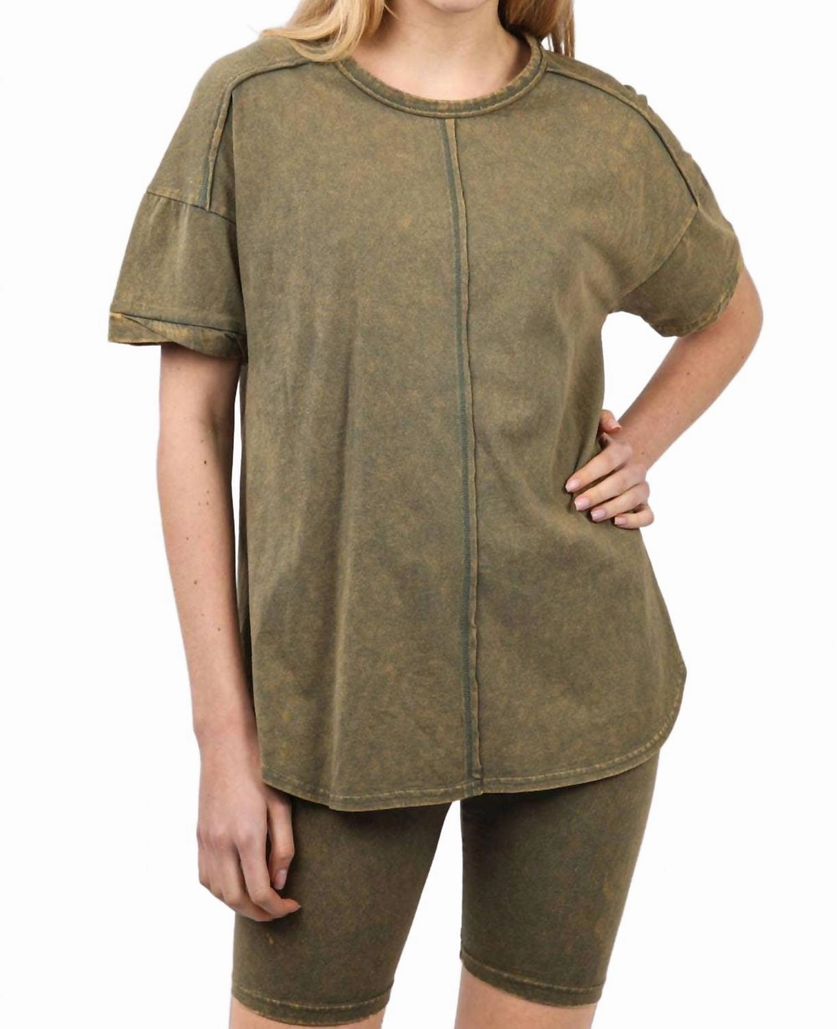 Airflow Optimized Texture Washed Stretchy Knit Activewear Top & Shorts In Olive