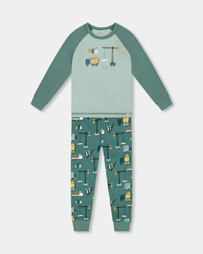 Two-Piece Organic Cotton Pajama Set Teal Construction Print Durable Reinforced Edges