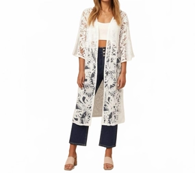 MotionAdaptive Fit White Lace Kimono Tropical Leaf Design Resort Wear