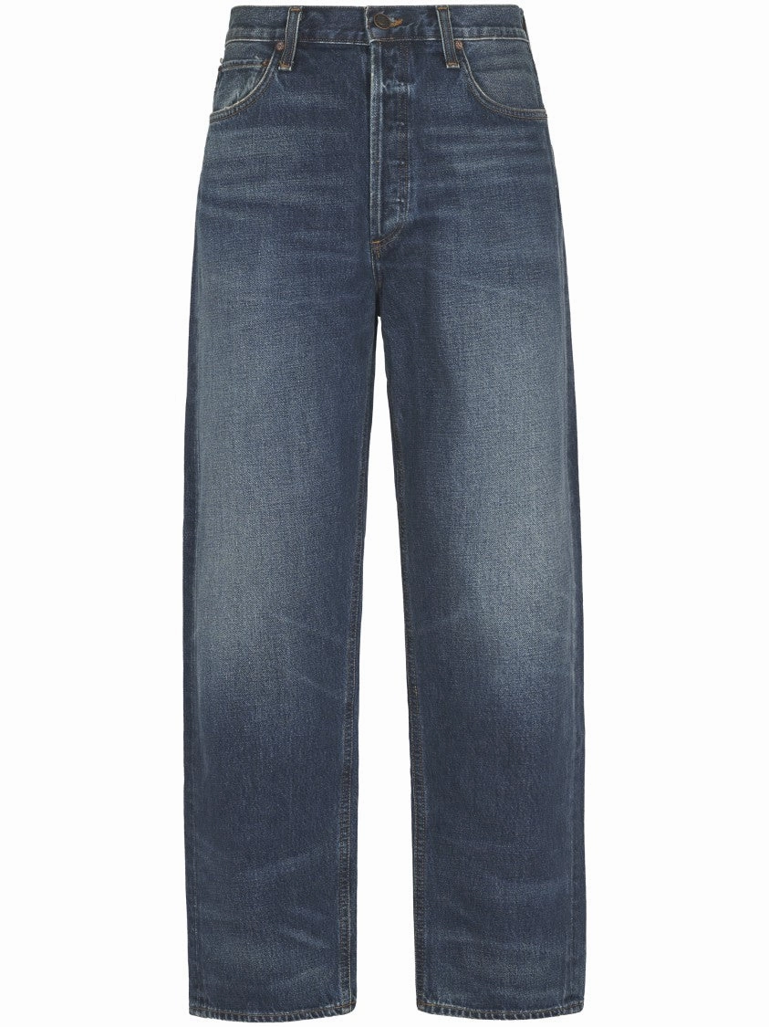 Wide-Leg Denim Trousers With Vintage Wash Couple Look Smooth Style Focus