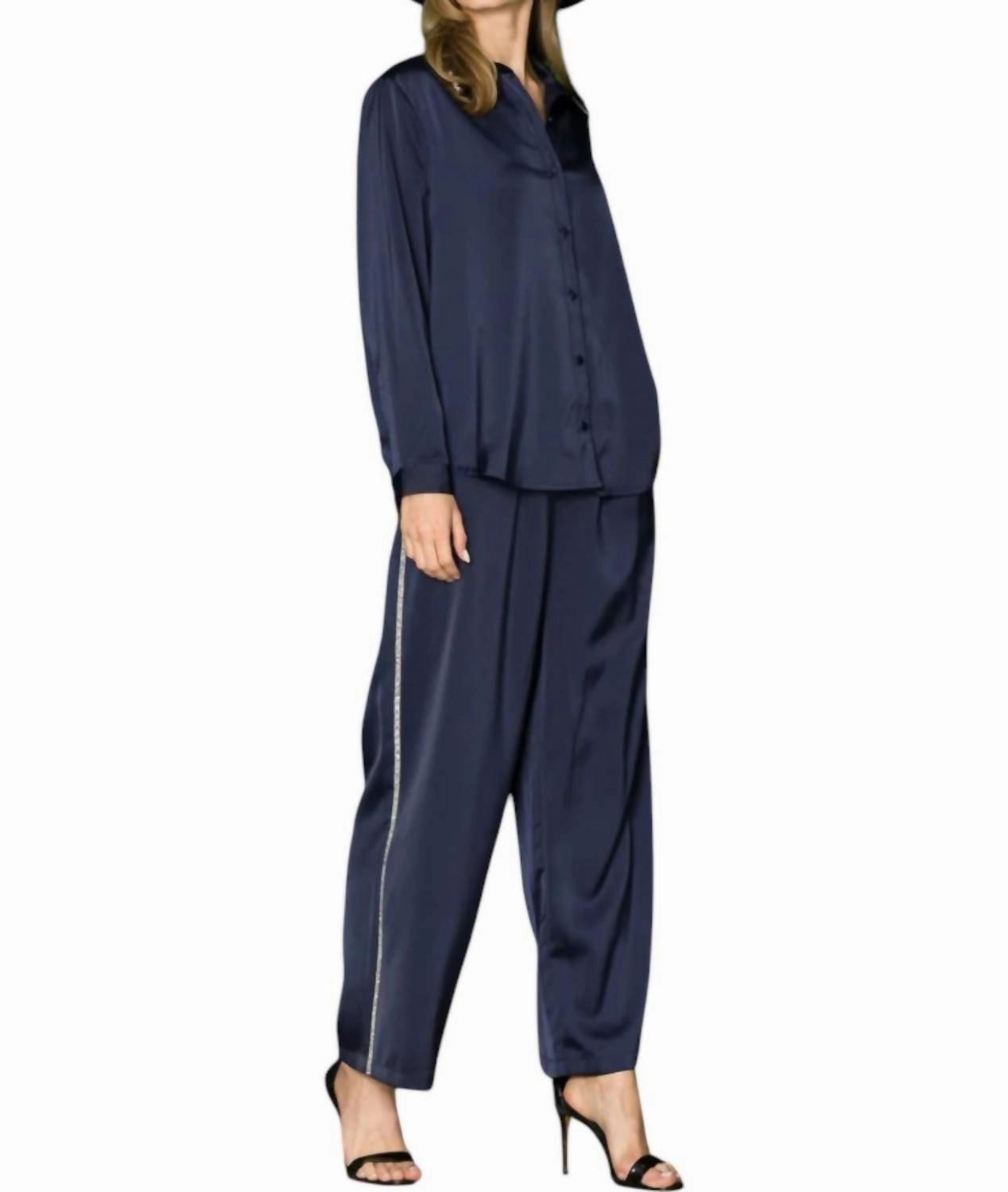 Wileene Satin Set In Navy Smooth zipper closure Stretch Material