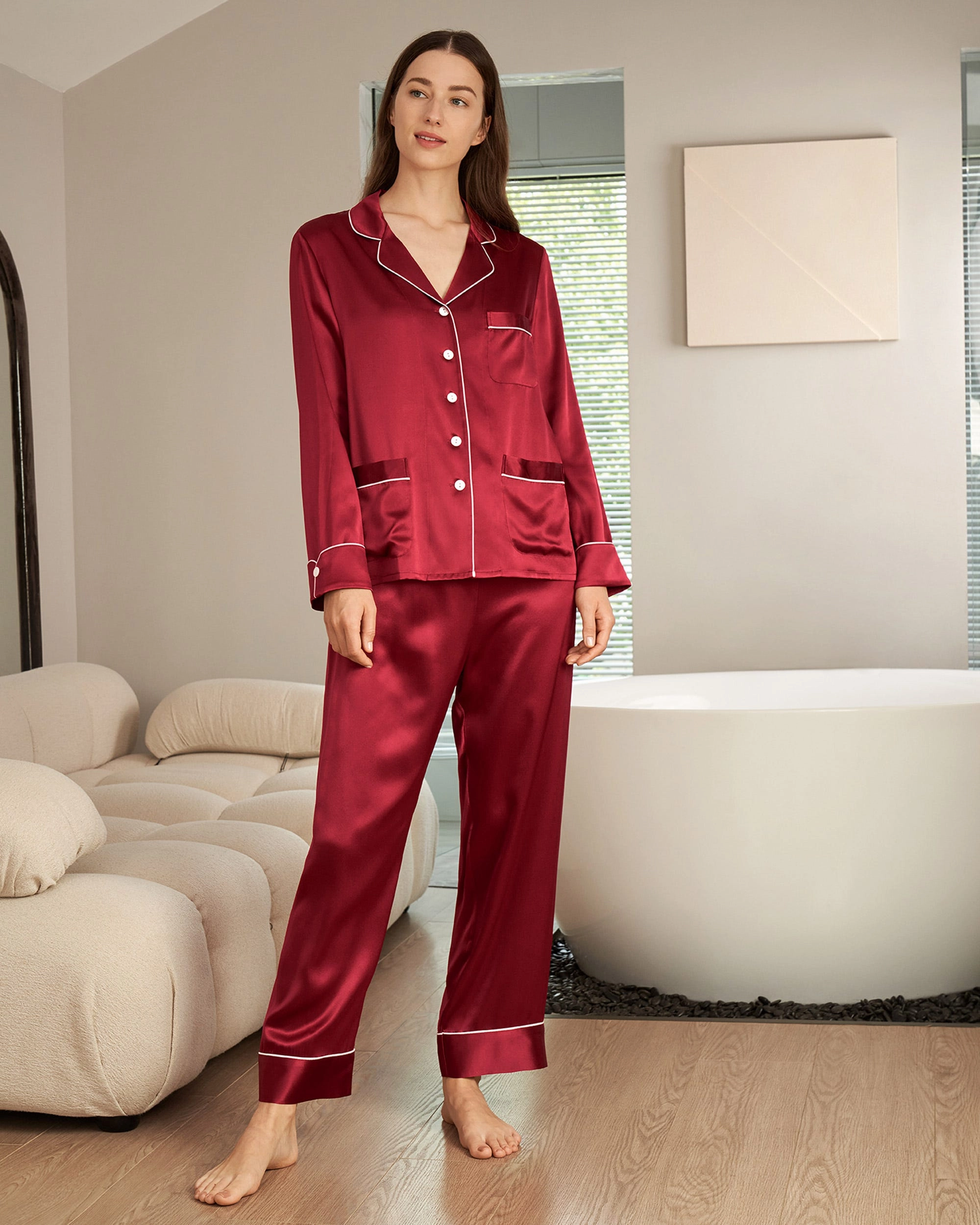 Women's 22 Momme Chic Trimmed Silk Pajamas Set Ribbed Cuffs Anti Pilling Technology