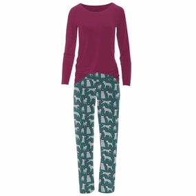 Women's Bamboo Print Long Sleeve Loosey Goosey Tee & Pajama Pants Set In Cedar Santa Dogs Relaxed Silhouette Anti Pill Surface