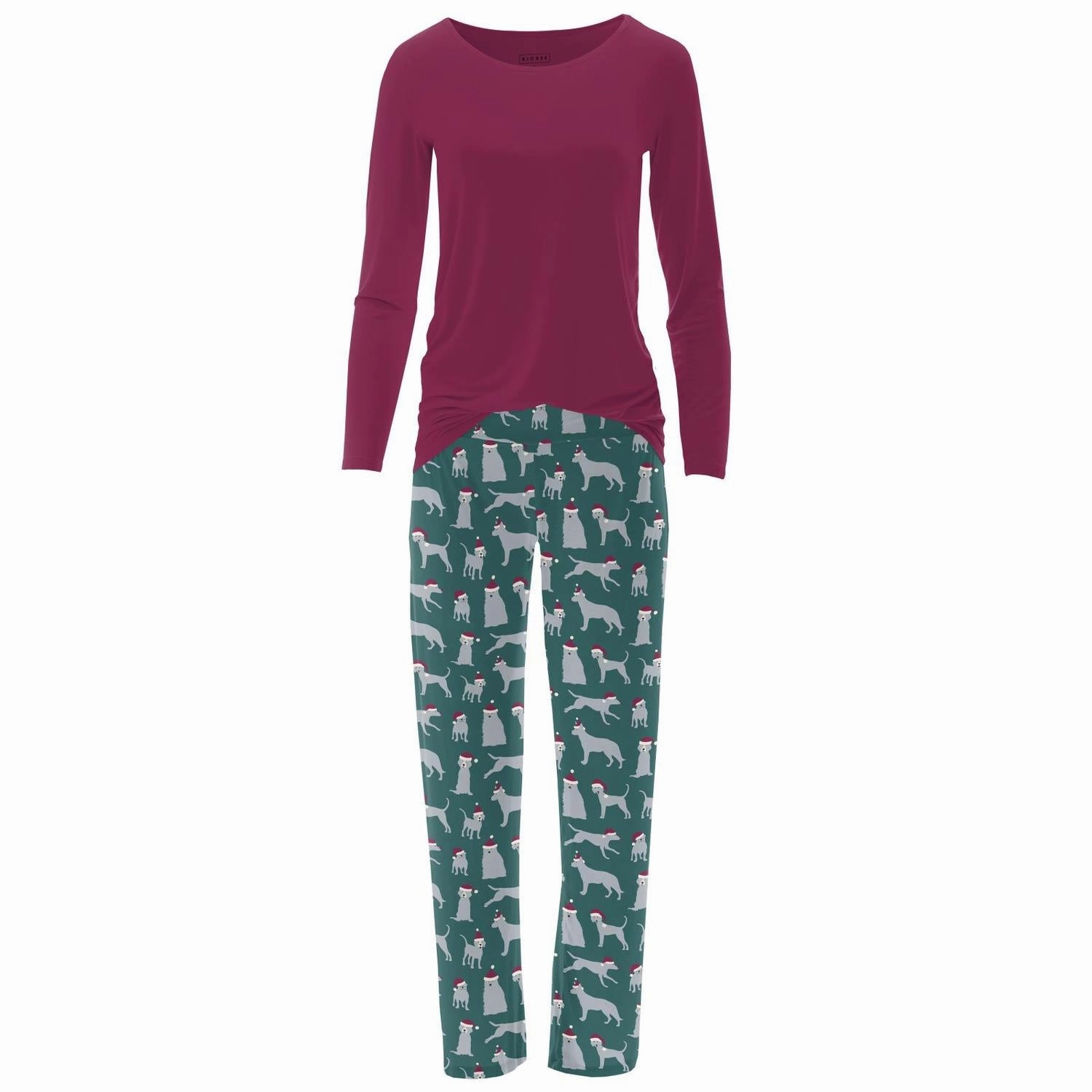 Women's Bamboo Print Long Sleeve Loosey Goosey Tee & Pajama Pants Set In Cedar Santa Dogs Relaxed Silhouette Anti Pill Surface