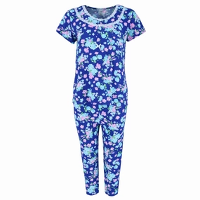 Women's Blue Floral Capri Sleep Set Non Restrictive Fit Multi Pocket Design