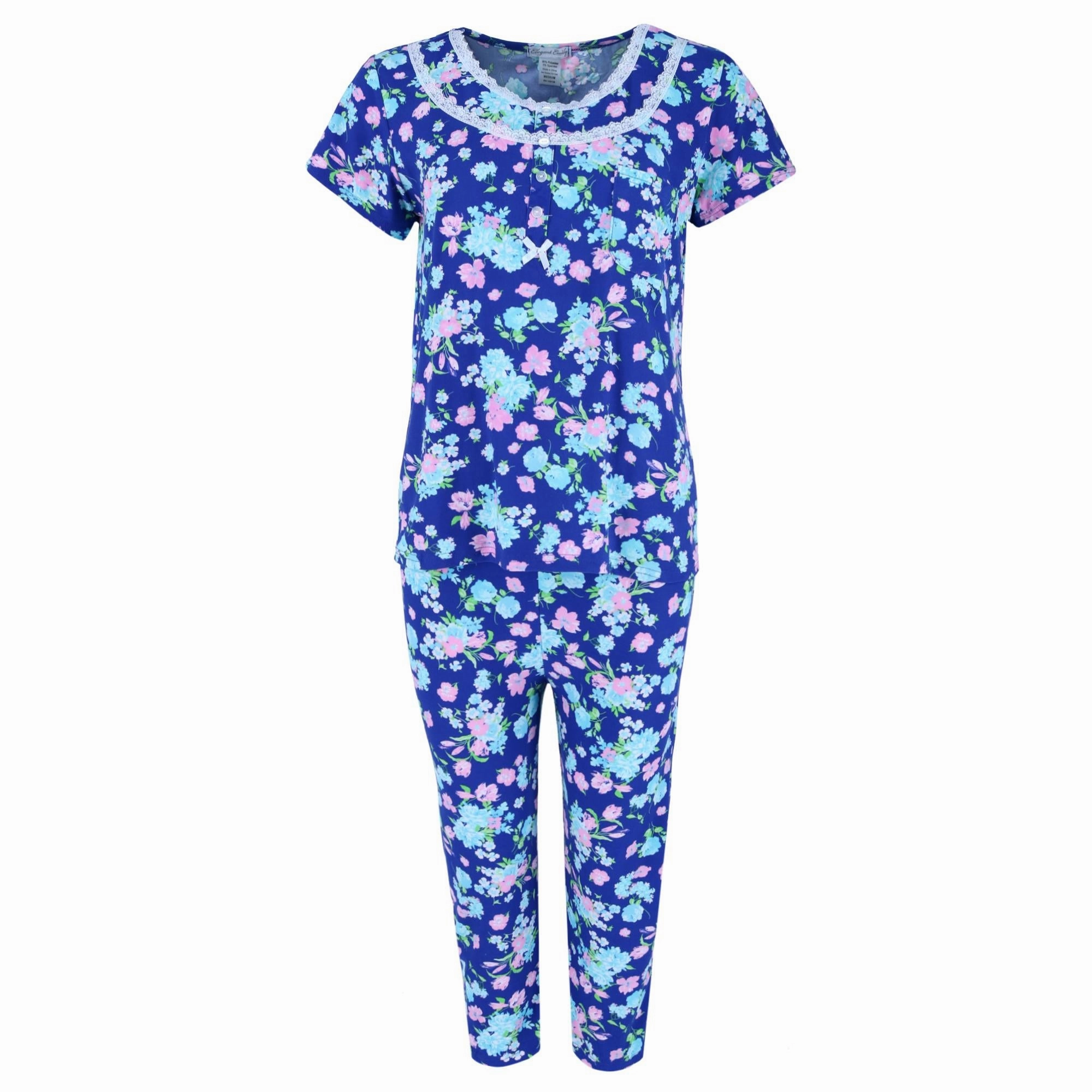 Women's Blue Floral Capri Sleep Set DoubleStitched Hems