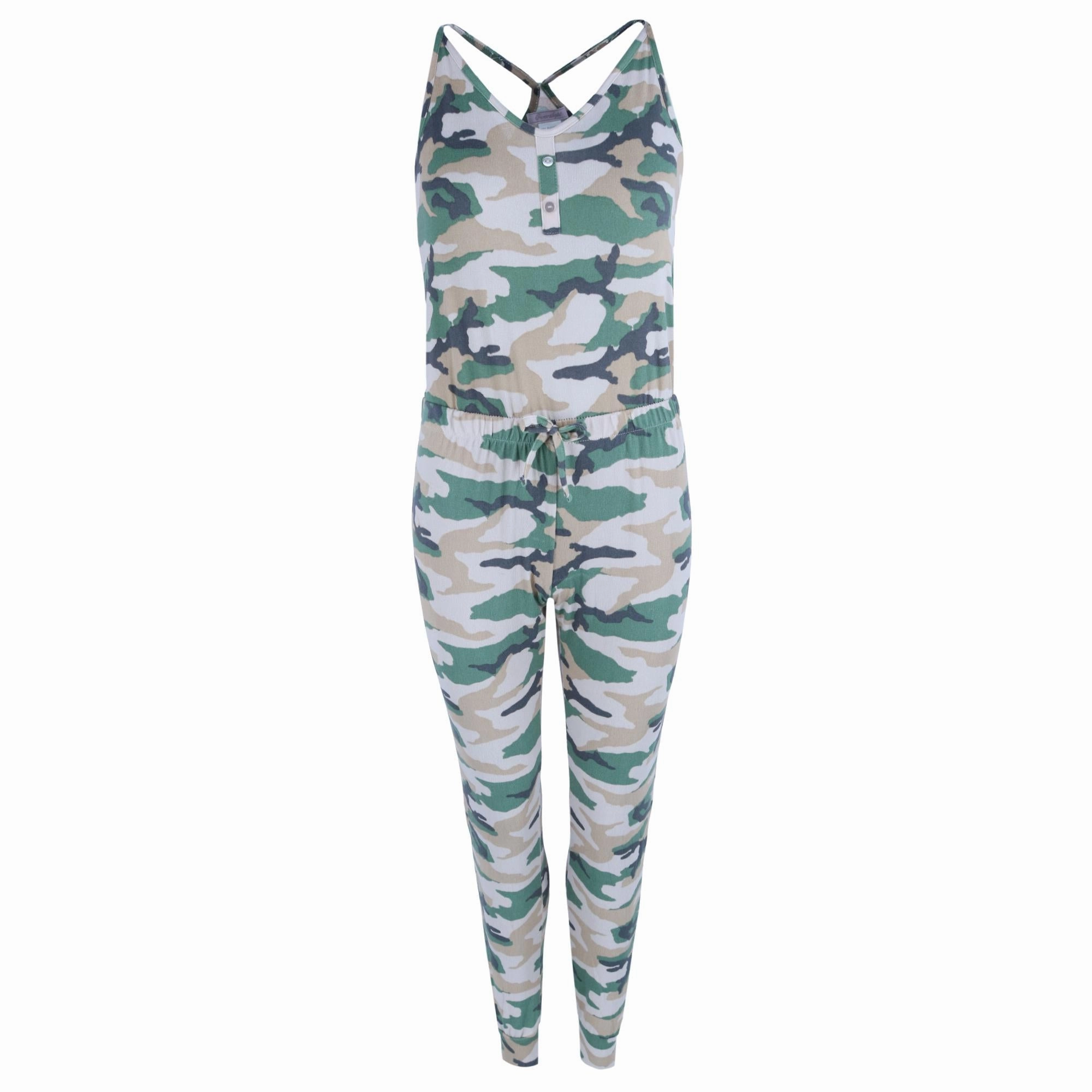 Women's Camo Print Knit Pajama Jumper Kangaroo Pocket Wide Ribbed Hem
