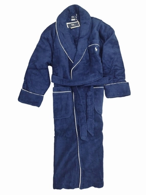 Women's Essentials Cotton Robe In Navy Ribbed Collar Design Roomy Armholes