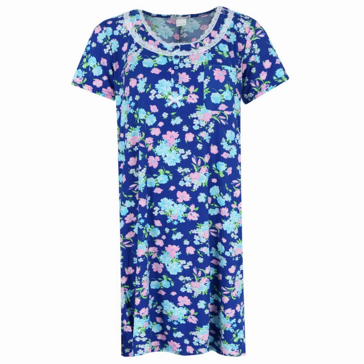 Women's Floral Henley Short Sleeve Sleep Gown Low Maintenance Care Layered Look Design