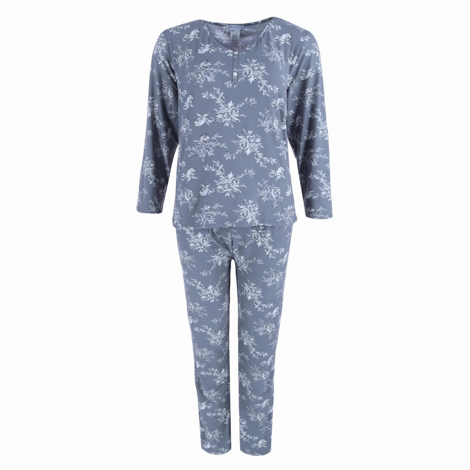 Women's Henley & Pant Grey Floral Set AntiPill Fabric