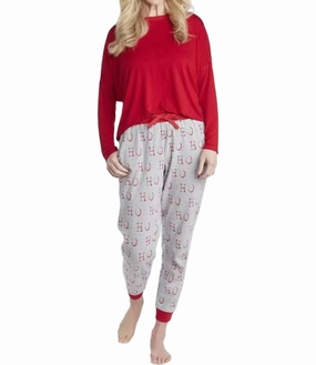 Women's Ho Ho Ho Pajama Set In Red/grey Tear Resistant Knit