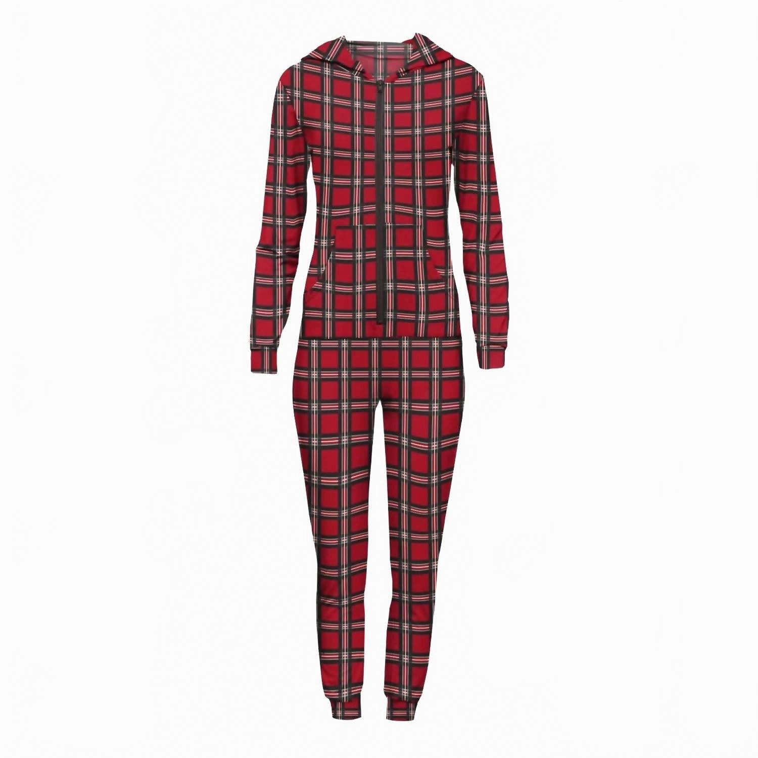 Women's Long Sleeve Jumpsuit With Hood In Classic Holiday Plaid SweatWicking Fabric Moisture Control Fabric