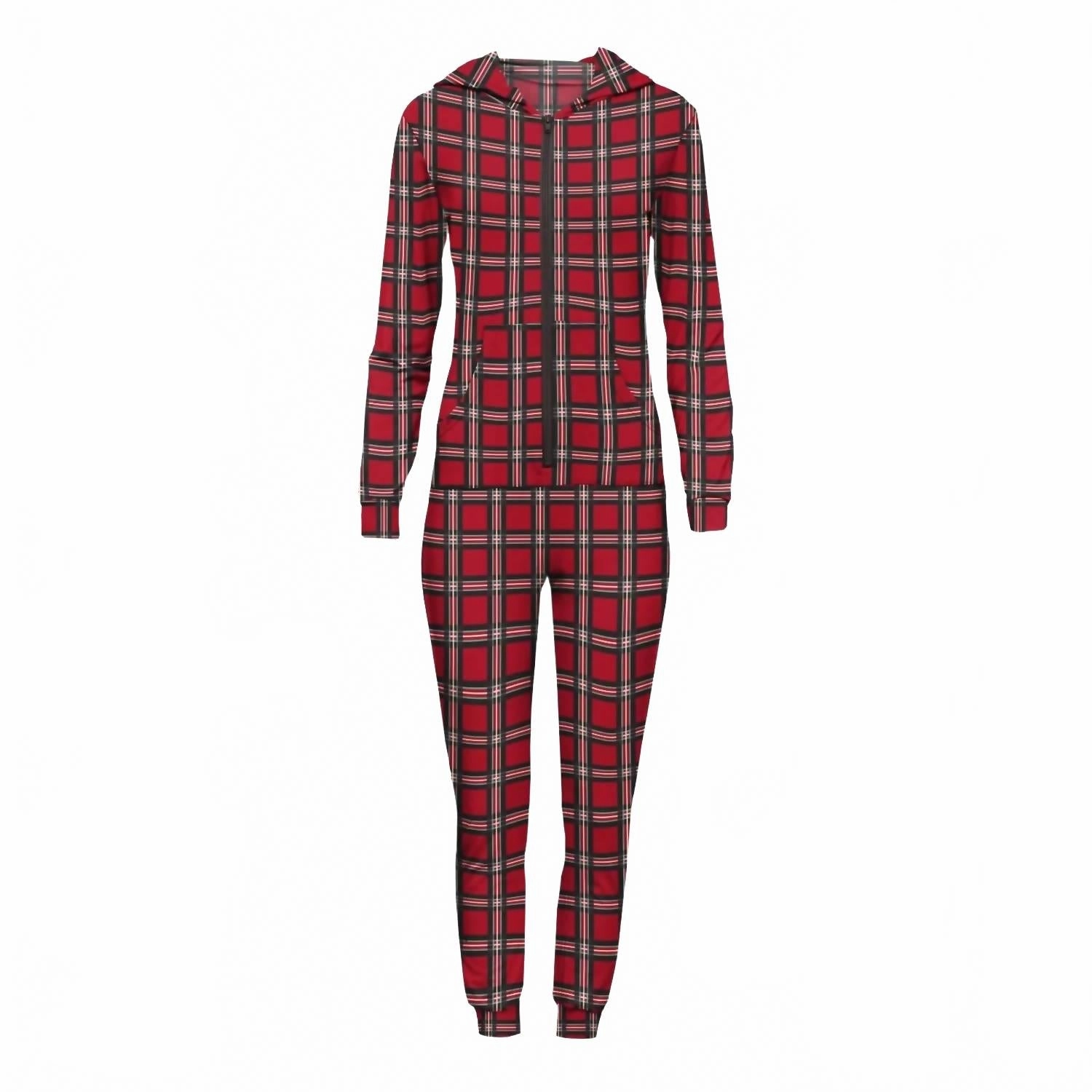 Women's Long Sleeve Jumpsuit With Hood In Classic Holiday Plaid Split hem elastic waistband