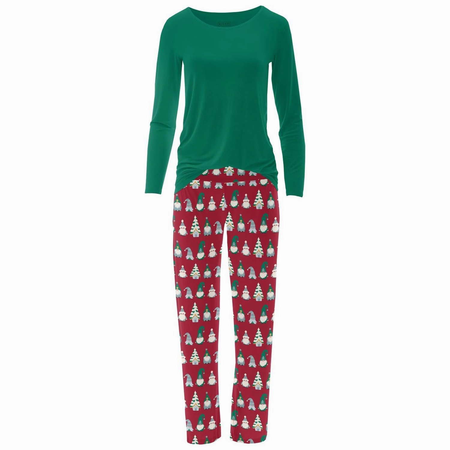 Women's Long Sleeve Tee & Pajama Pants Set In Crimson Gnomes Thermal Insulation Layer