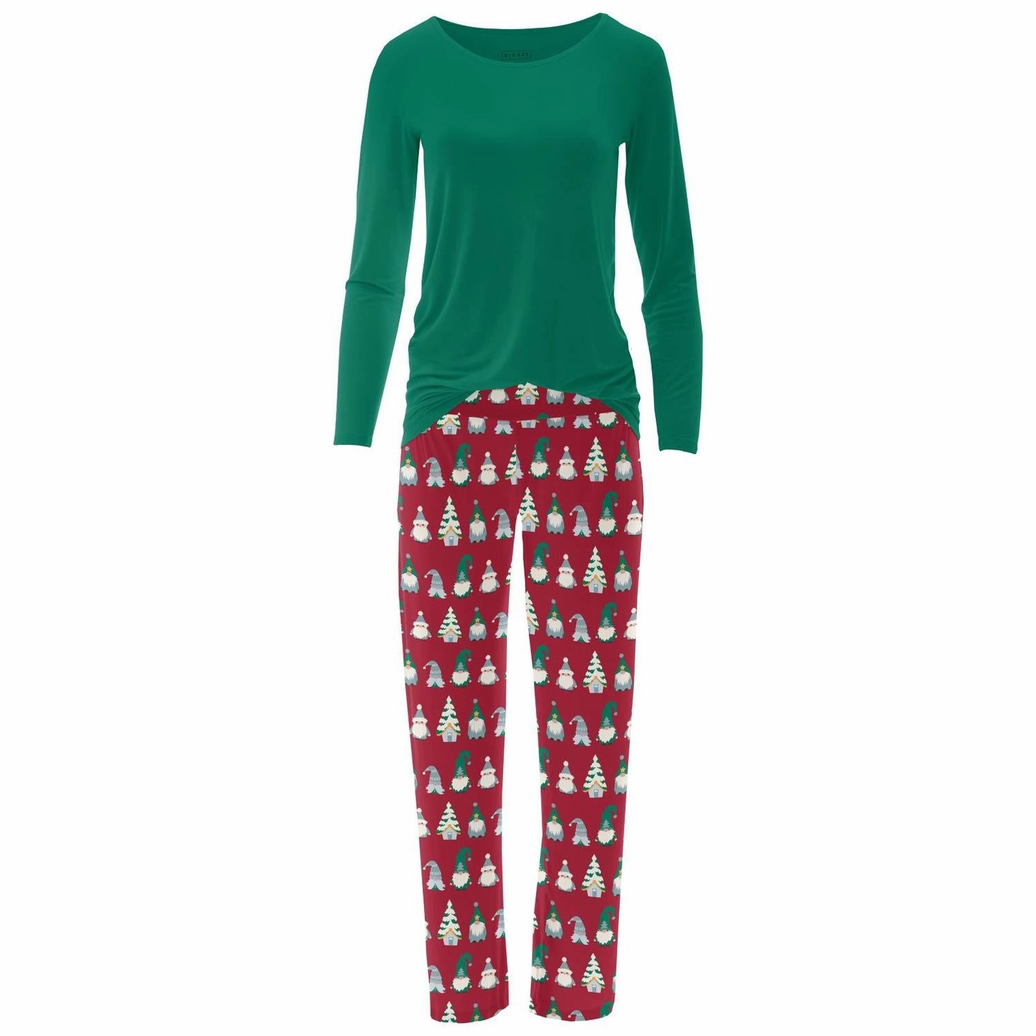 Plush Terry Cloth Women's Long Sleeve Tee & Pajama Pants Set In Crimson Gnomes