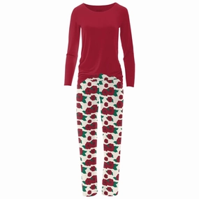 Women's Long Sleeve Tee & Pajama Pants Set In Holiday Poppies NoRoll Waistband Design