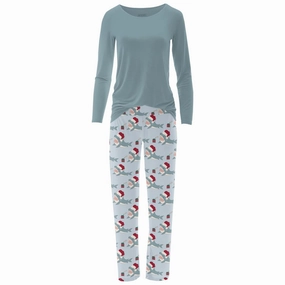 Balanced Compression Women's Long Sleeve Tee & Pajama Pants Set In Illusion Blue Holiday Sharks