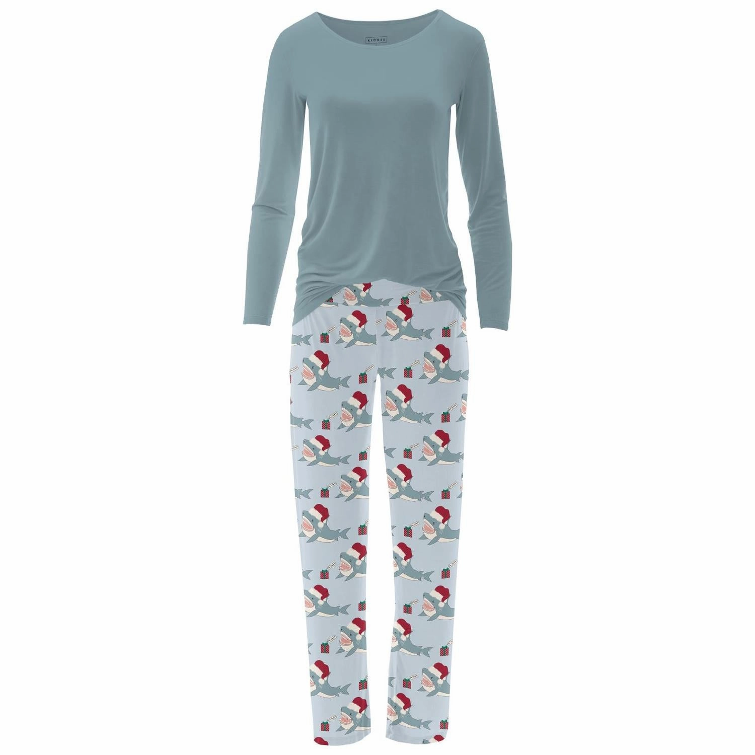 Balanced Compression Women's Long Sleeve Tee & Pajama Pants Set In Illusion Blue Holiday Sharks