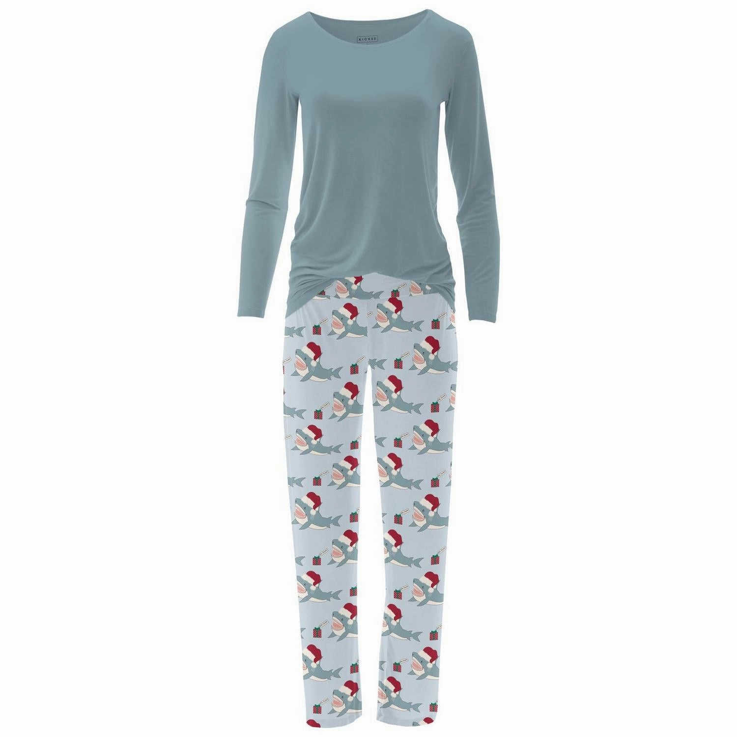 SweatWicking Fabric Lightweight Construction Women's Long Sleeve Tee & Pajama Pants Set In Illusion Blue Holiday Sharks