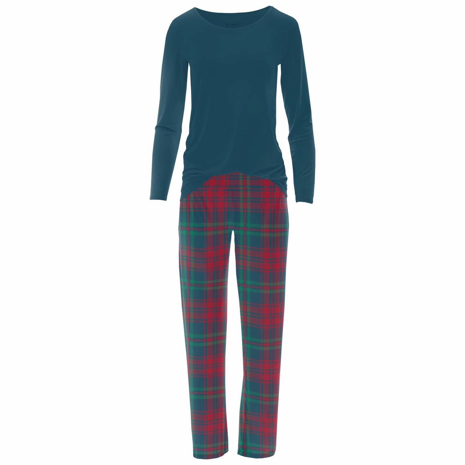 Smooth zipper closure Women's Long Sleeve Tee & Pajama Pants Set In Peacock Plaid