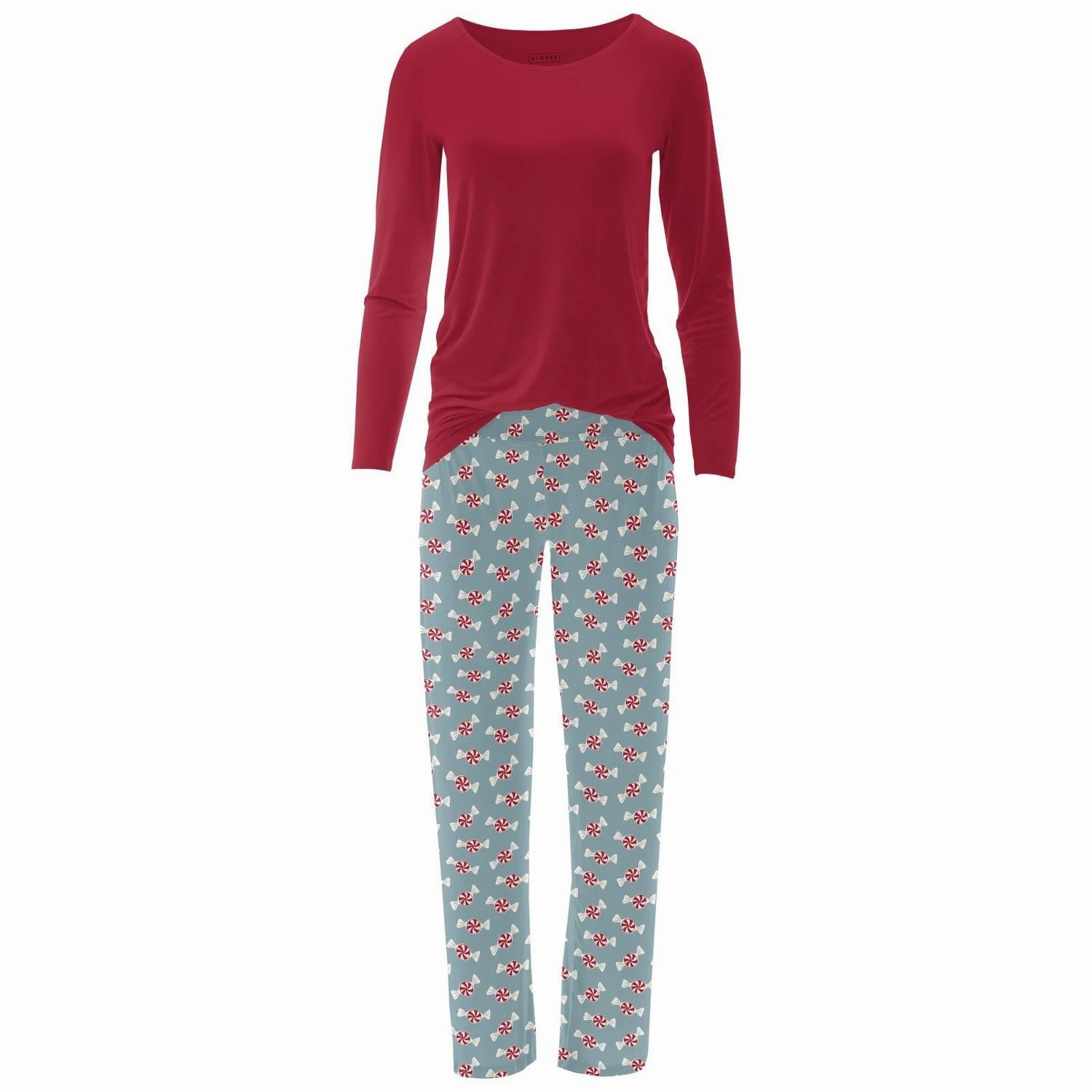 Women's Long Sleeve Tee & Pajama Pants Set In Stormy Sea Peppermints Hypoallergenic fabric Adaptive Body Contouring