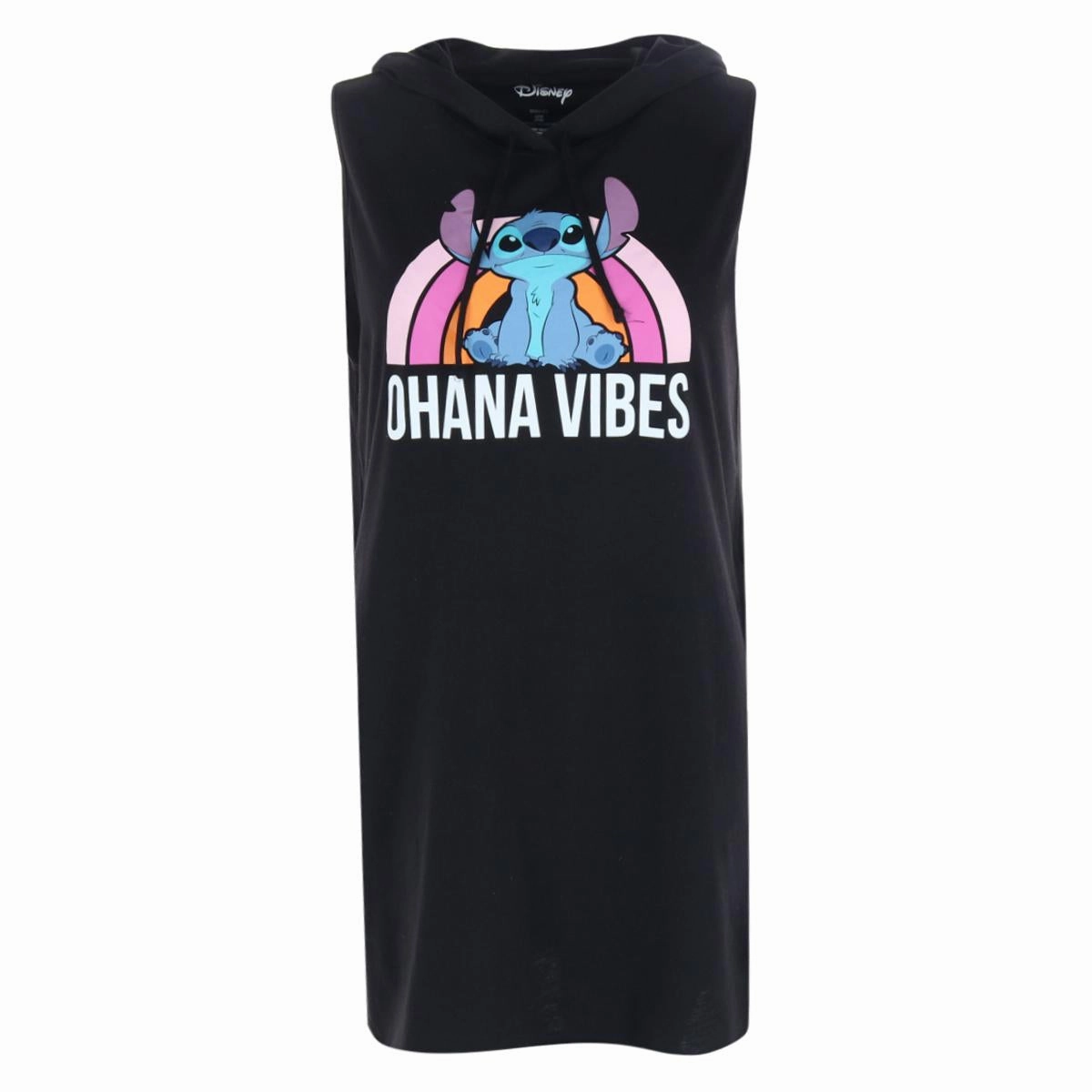 Women's Ohana Vibes Stitch Sleeveless Hooded Sleep Shirt Gown Cozy Fleece Backing Dropped Shoulder Cut