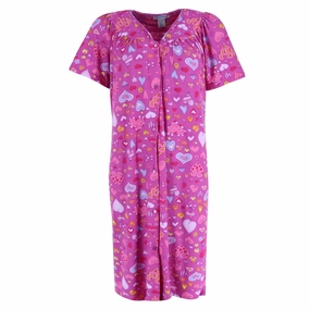 Women's Pink Hearts Short Sleeve Button Down Duster LowProfile Stitching
