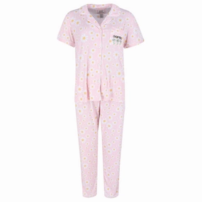 Women's Plus Size Daisy Ribbed Notch Short Sleeve Pajama Set Comfortable fit Layered Hem Details