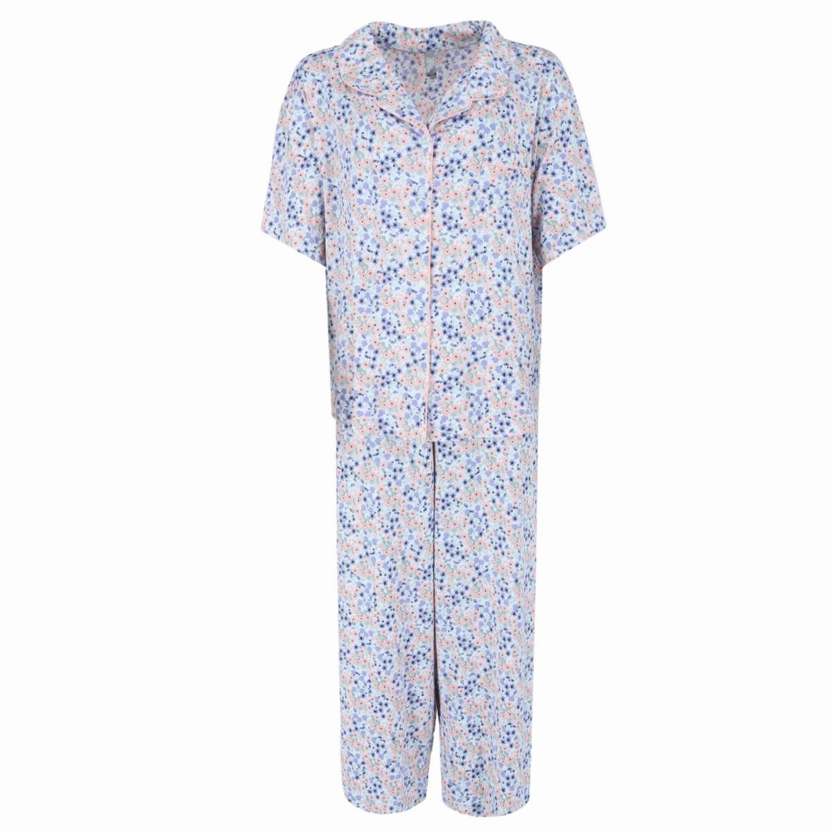 Multi Pocket Design Women's Plus Size Ditsy Floral Notch Collar Capri Set