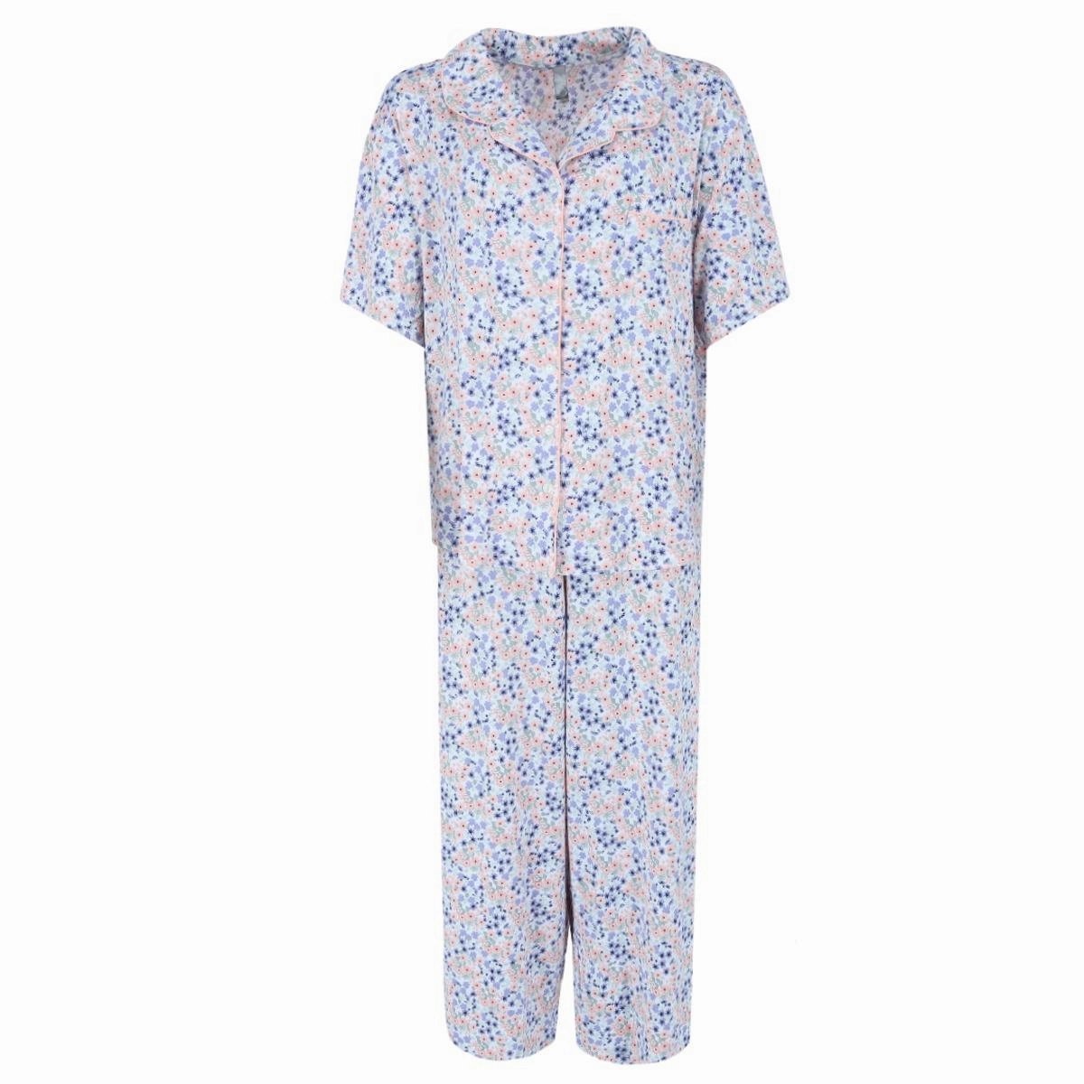 Women's Plus Size Ditsy Floral Notch Collar Capri Set Balanced Compression Plush Lining
