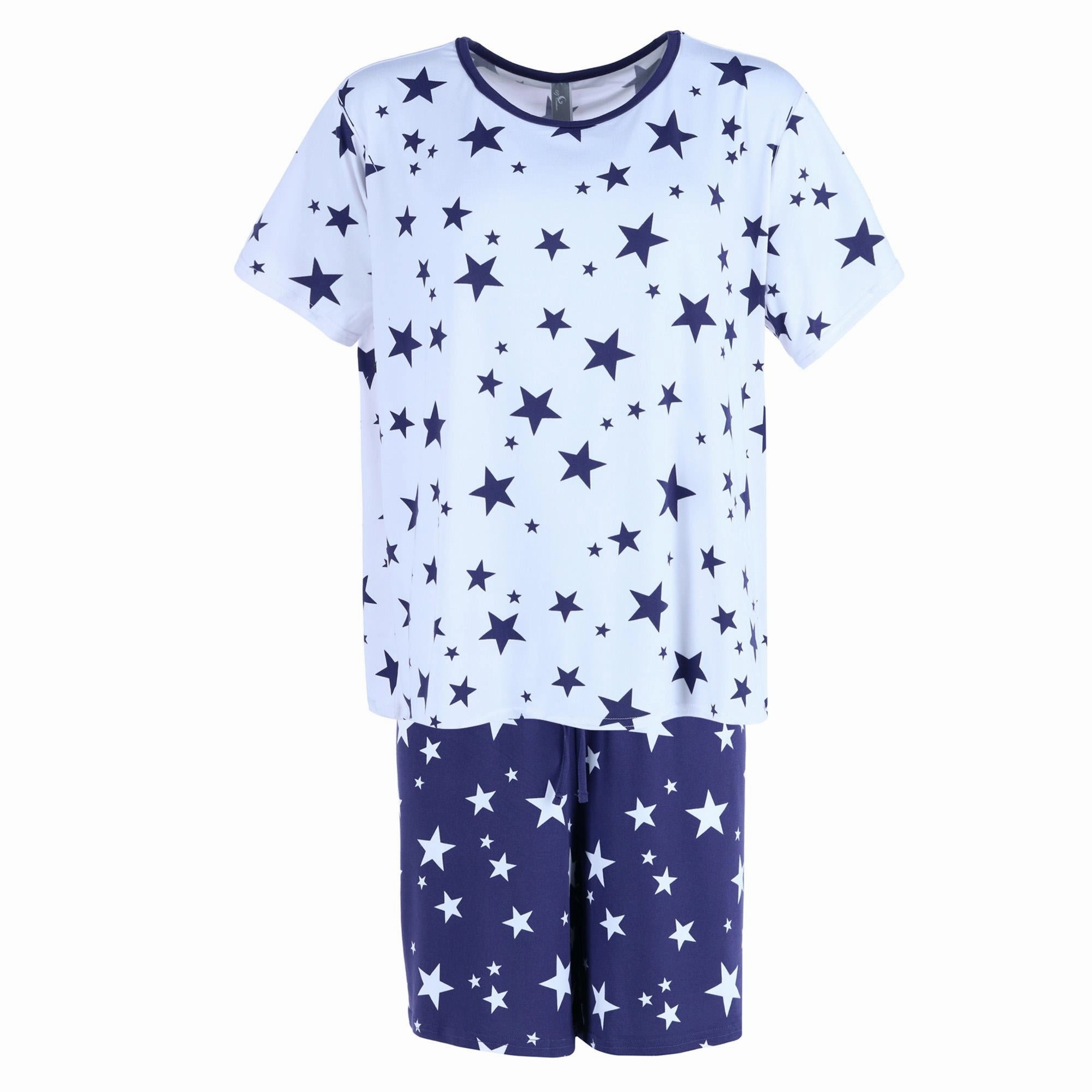 Women's Plus Size Star Print Short Pajama Set Drop Shoulder Construction Stretch Material