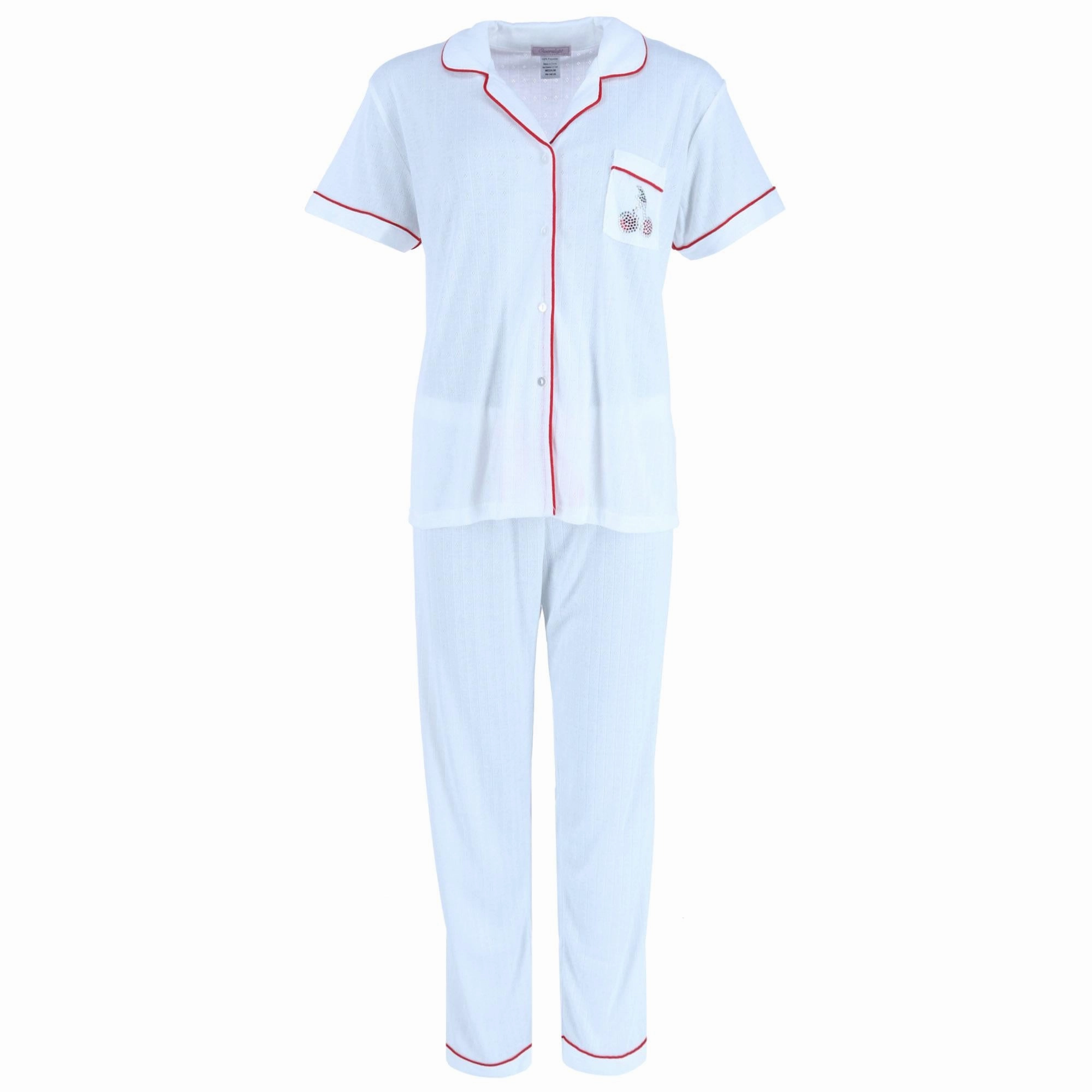 Brushed Cotton elastic waistband Women's Pointelle Cherries Notch Pajama Set