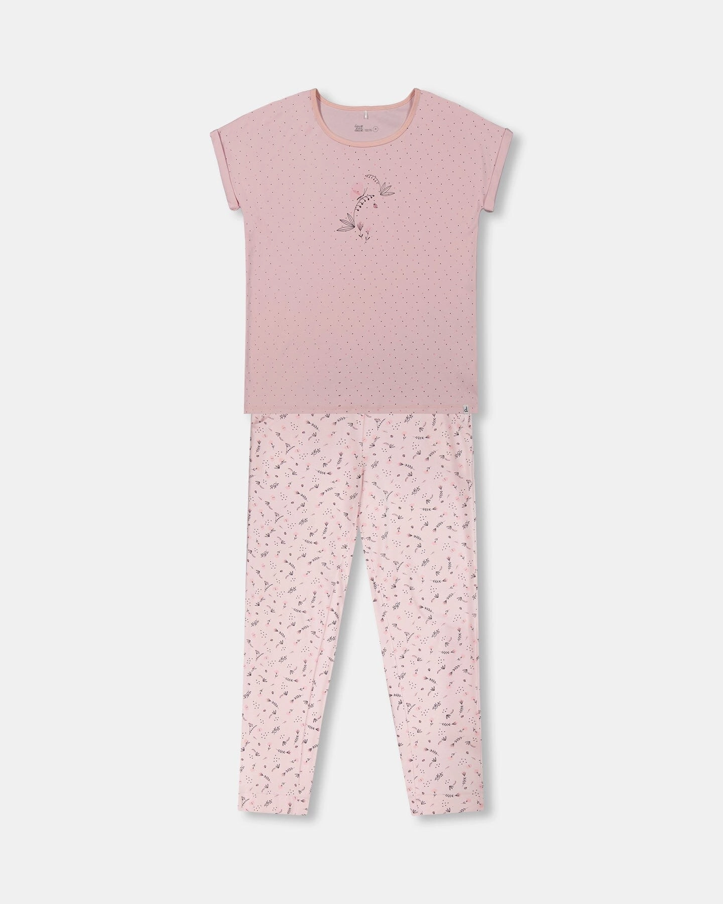 Brushed Cotton Tear Resistant Knit Women'S Printed Organic Cotton Two-Piece Pajama Set Small Pink Flowers On Pale Pink Background