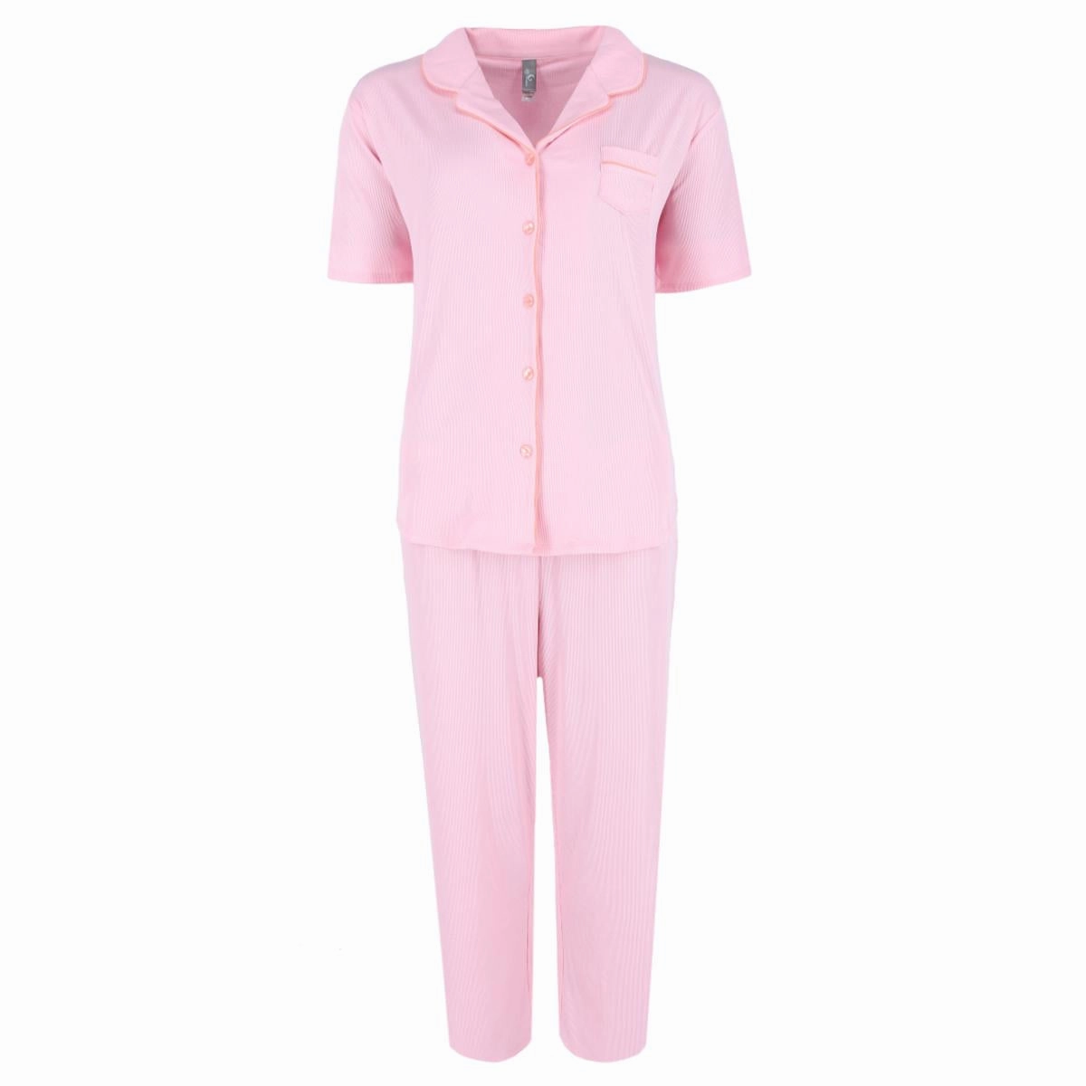 Women's Retro Notch Collar Short Sleeve Capri Set Reinforced Hems Ribbed Collar Design